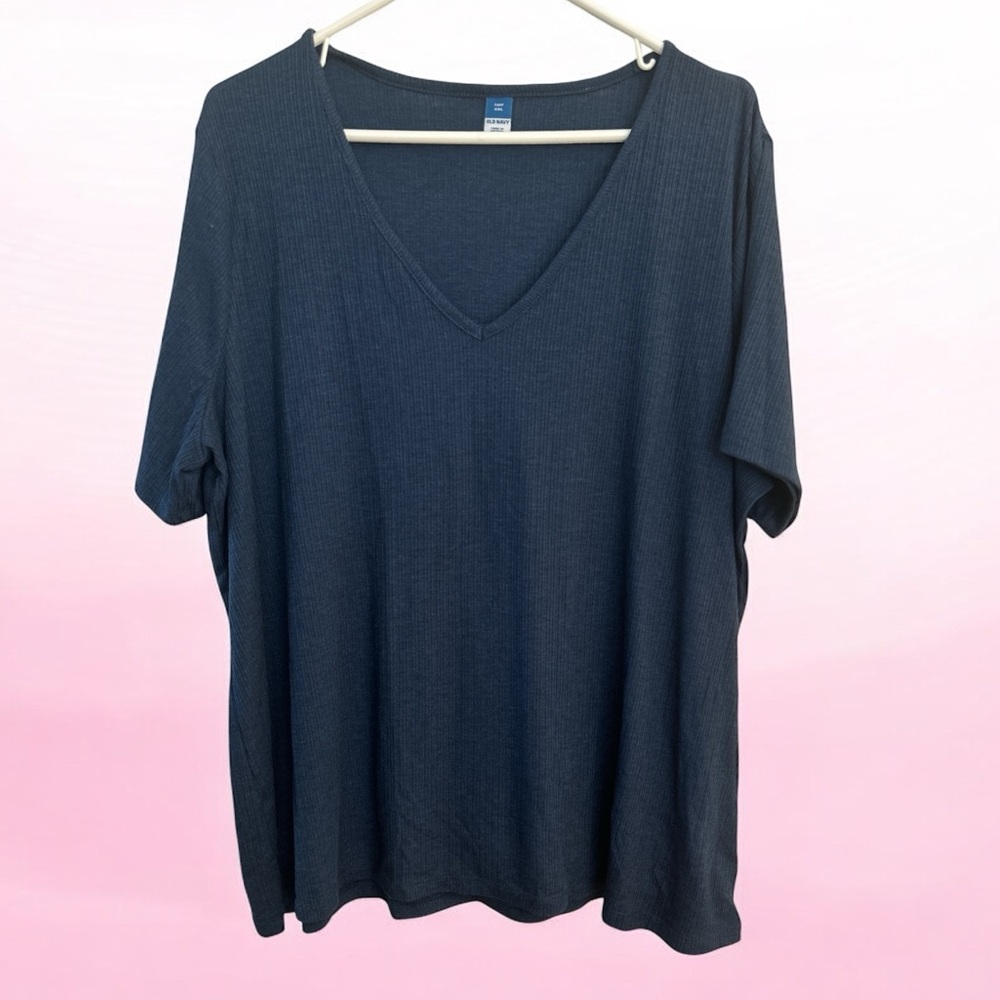 Old Navy Luxe XXL Ribbed Short Sleeve Navy Blue V Neck Top